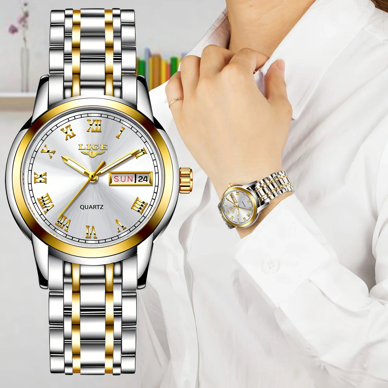 Elegant kwartshorloge voor dames - roestvrij stalen band, lichtgevend display