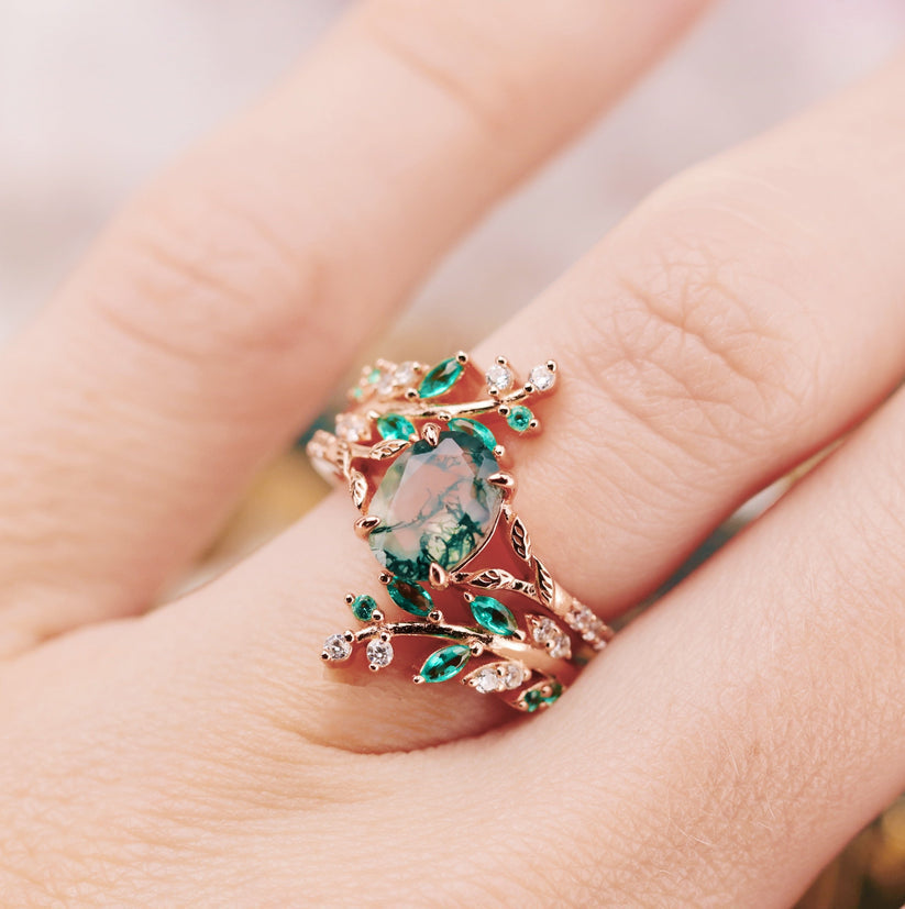 Groene vuur-opaal en mosagaat ring – Natuur geïnspireerd koppel-sieraad