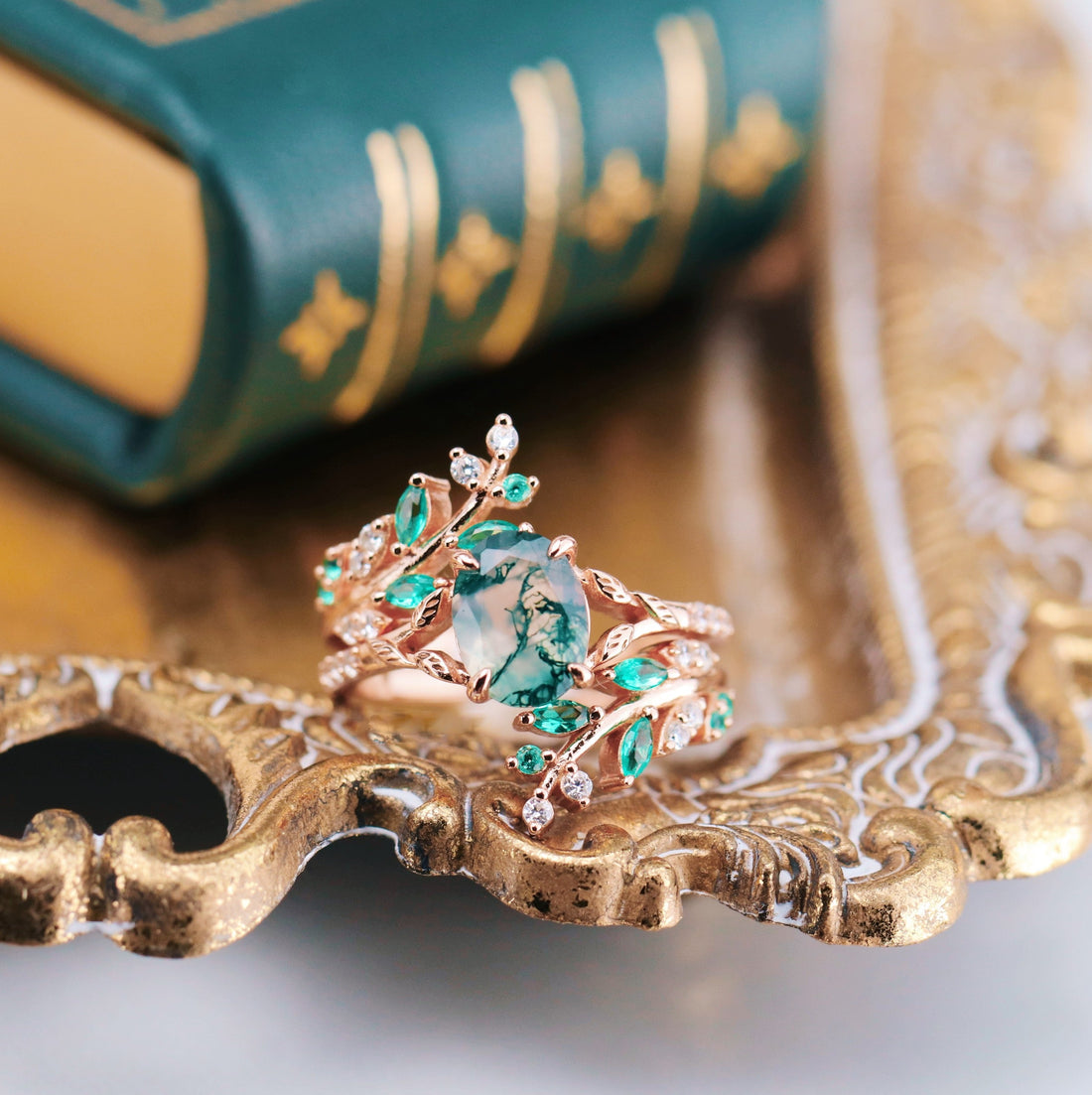 Groene vuur-opaal en mosagaat ring – Natuur geïnspireerd koppel-sieraad