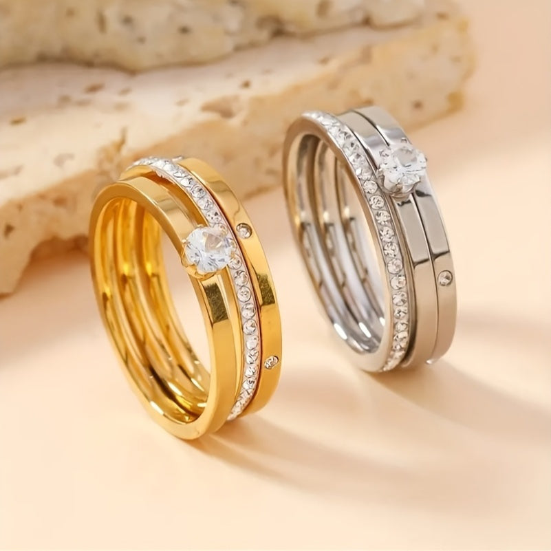 18K Goud Vergulde Elegante Ringenset met Strass en Kristallen – 3-Delige Set