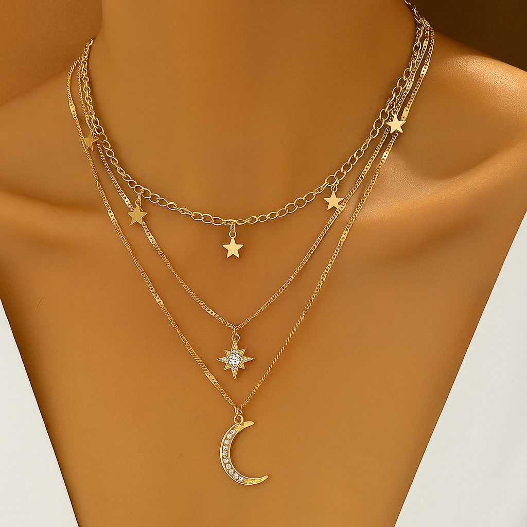Elegante Boheemse Gelaagde Ster & Maan Hangerketting