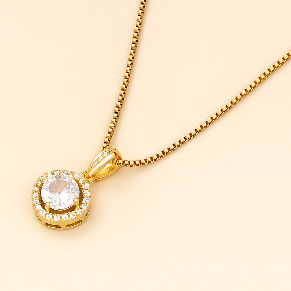 18K Goud Vergulde Ronde Halo Ketting met Zirkonia Hanger