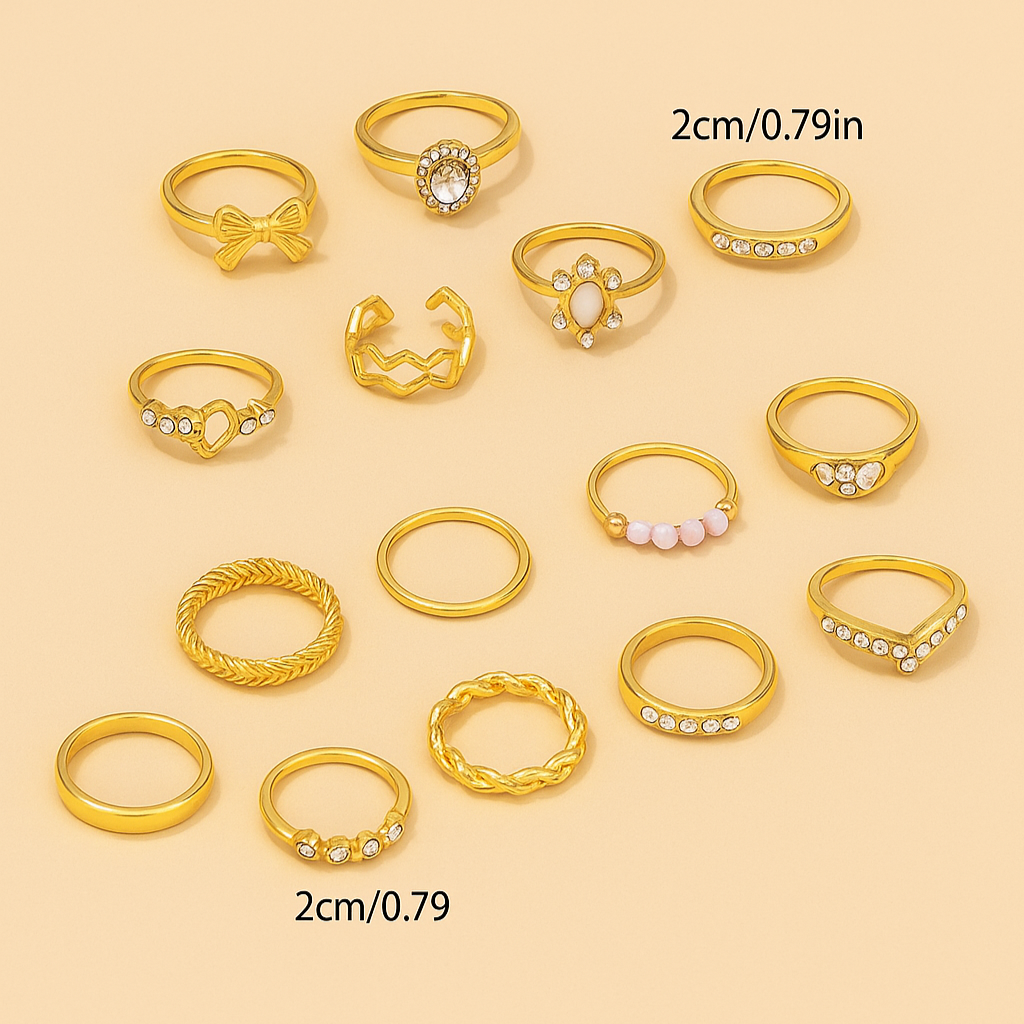 15-delige Fijne Ringenset met Strass-Steentjes