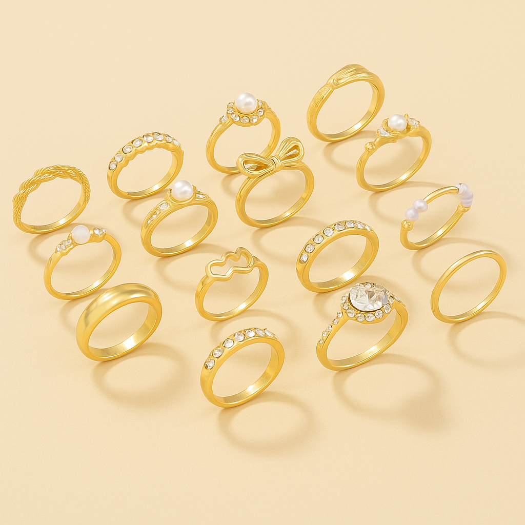 15-delige Fijne Ringenset met Strass-Steentjes