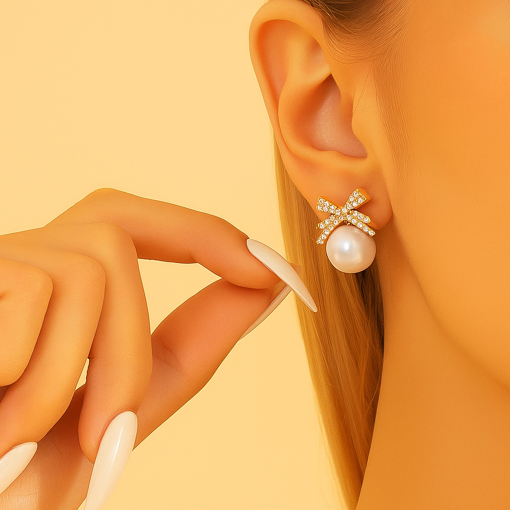 Sierlijke met strik ingelegde pareloorbellen