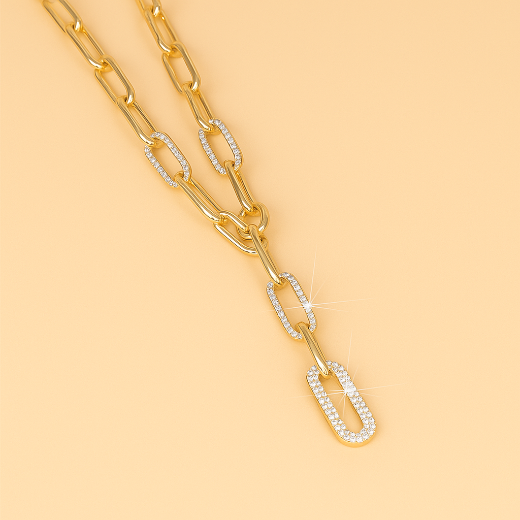 Sleutelbeen Y-Ketting – Strassaccent met Dikke Schakelketting