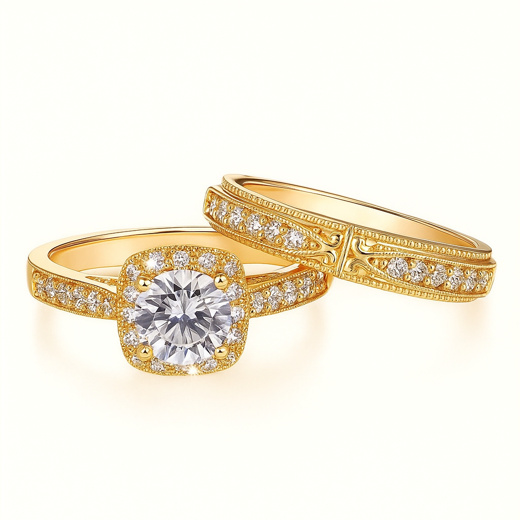 Luxueuze en Elegante Gouden Verlovingsringenset met Imitatie Zirkonia