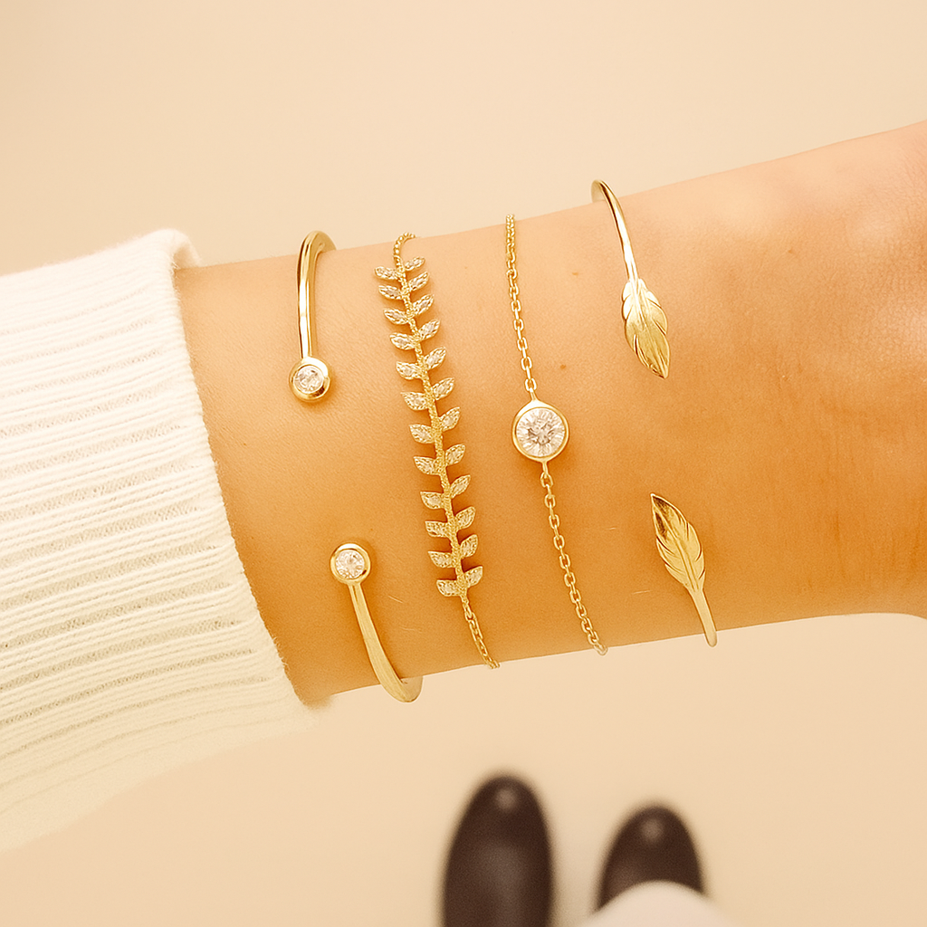 Boho-Chic 4-delige Tarwe- & Bladarmbandenset