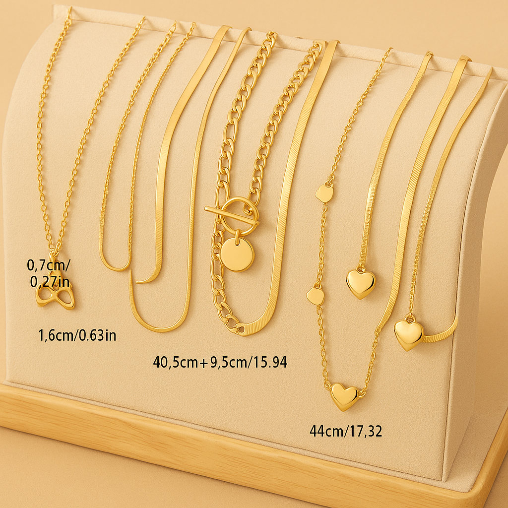 10-delige Elegante Gelaagde Platte Slangketting & Hartvormige Hanger Kettingen