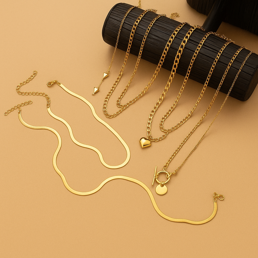 10-delige Elegante Gelaagde Platte Slangketting & Hartvormige Hanger Kettingen