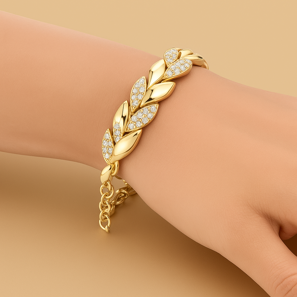 Gouden Blad Armband – Uniseks Elegantie met Moissanite