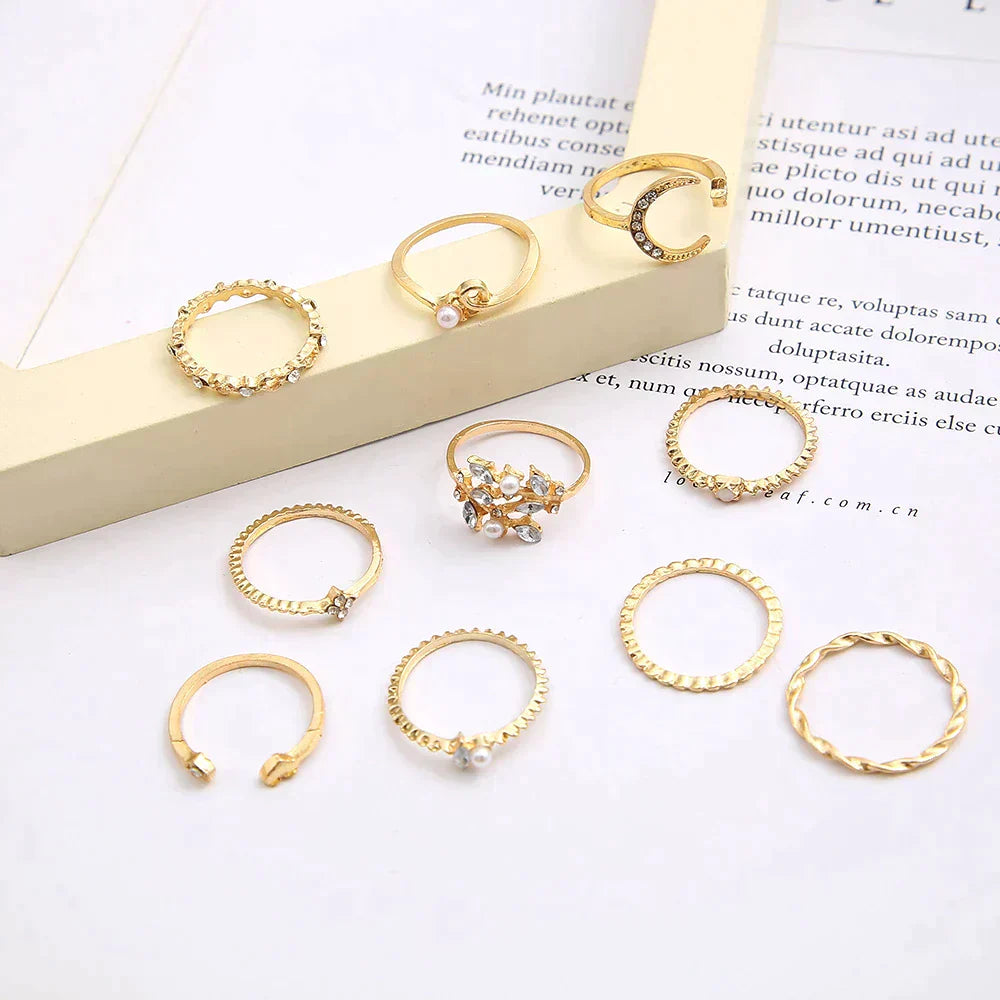 10-delige Boheemse Ringen Set – Zilveren & Gouden Tinten