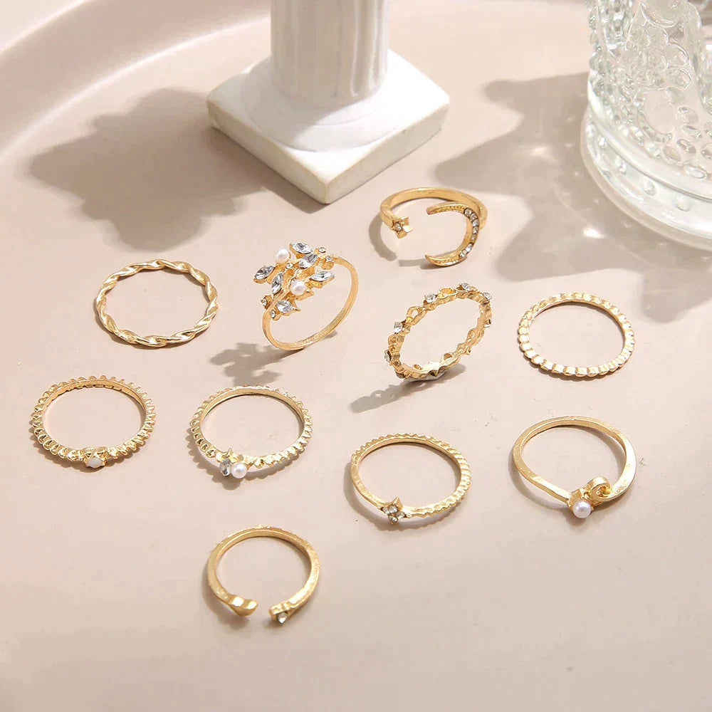 10-delige Boheemse Ringen Set – Zilveren & Gouden Tinten