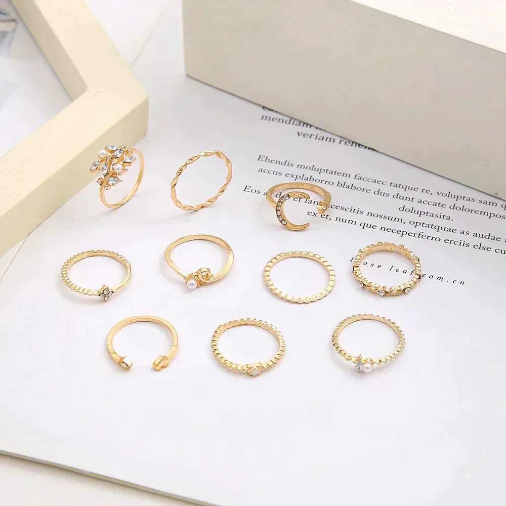 10-delige Boheemse Ringen Set – Zilveren & Gouden Tinten
