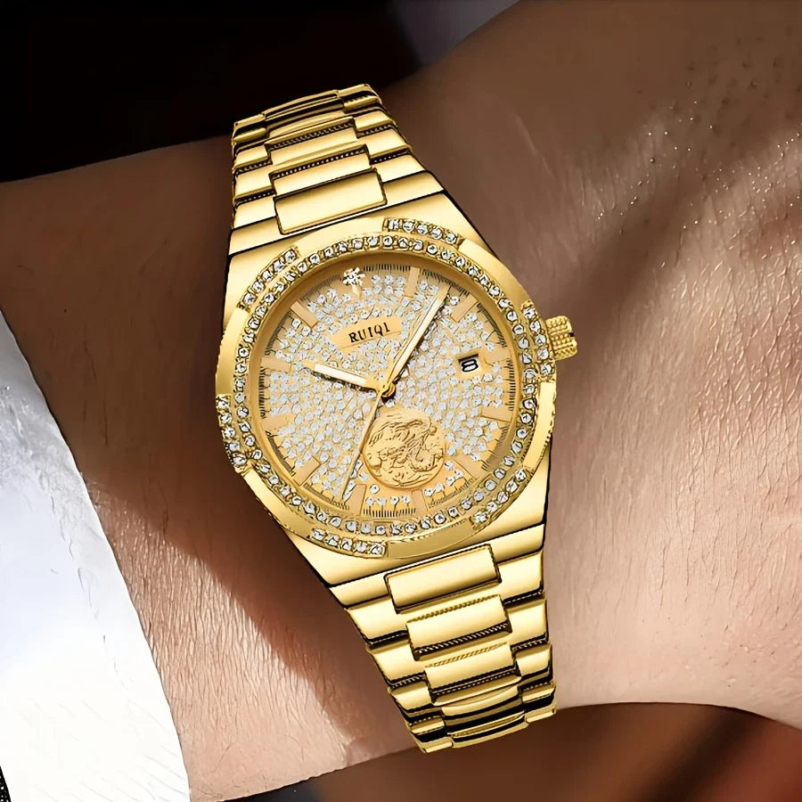 Luxe mechanisch horloge met ingelegd bergkristal - Elegante gelegerde band