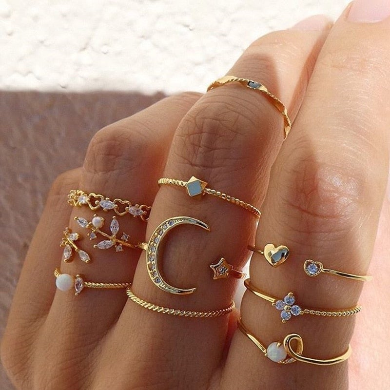 10-delige Boheemse Ringen Set – Zilveren & Gouden Tinten