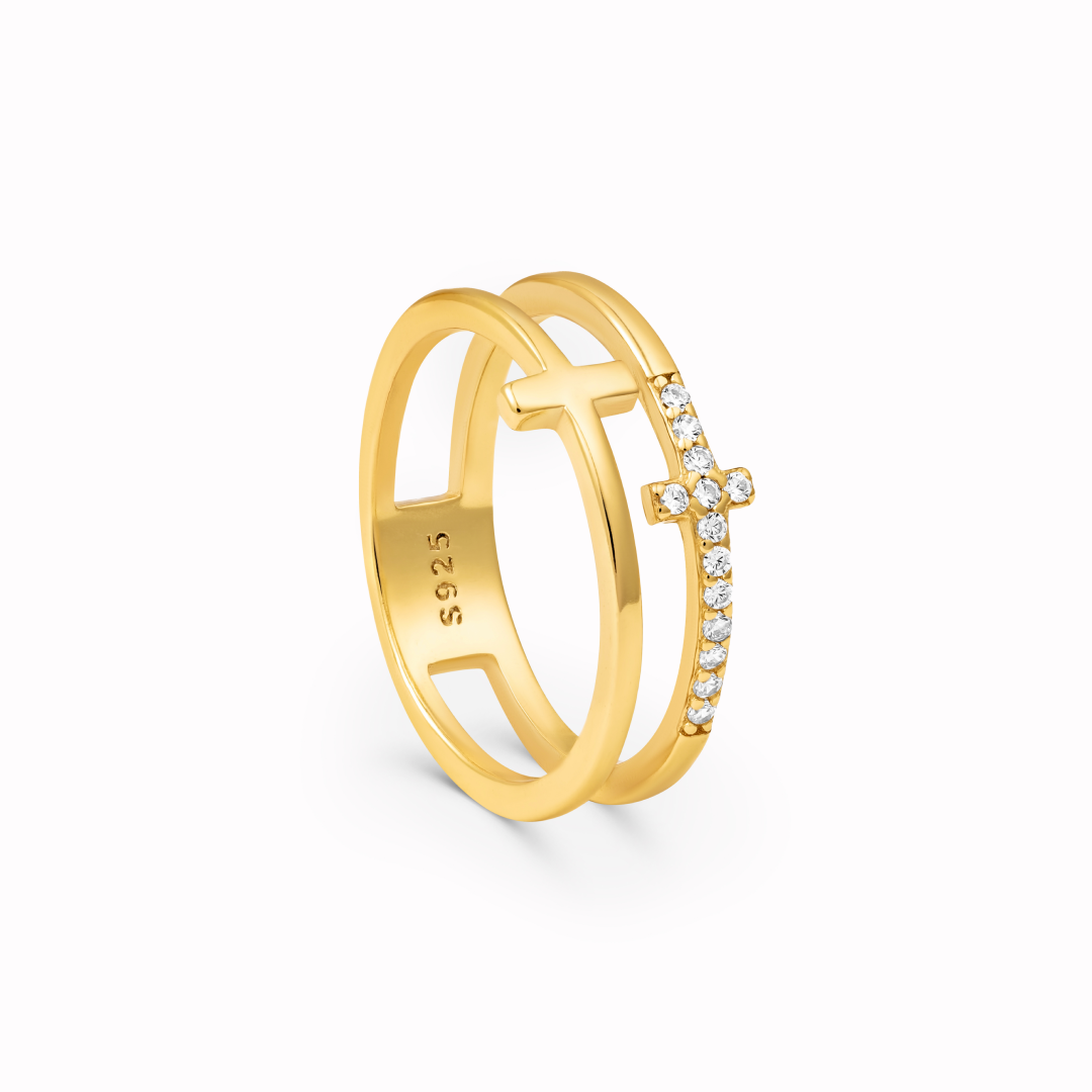 Elegante Double Cross Ring – Goudkleurige Afwerking
