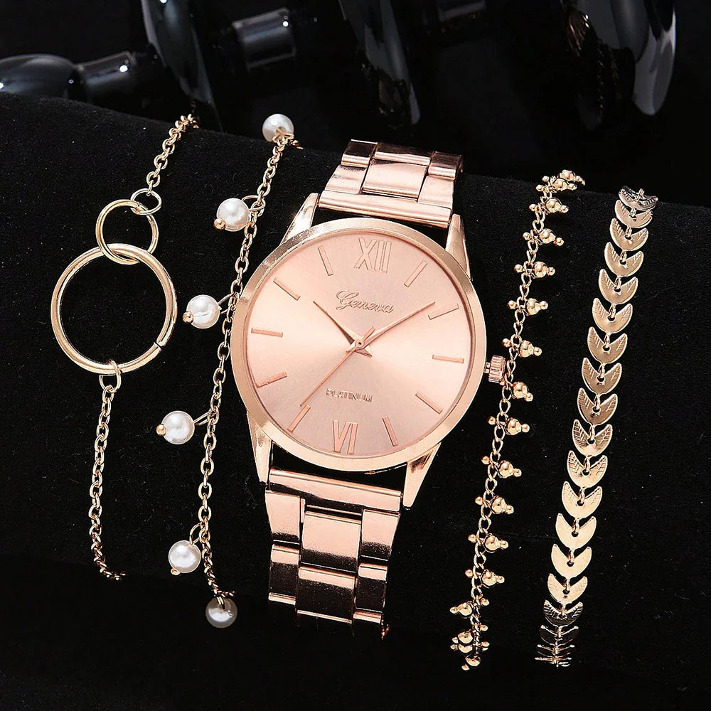 Elegant 5-delig Quartz horloge + sieraden voor dames