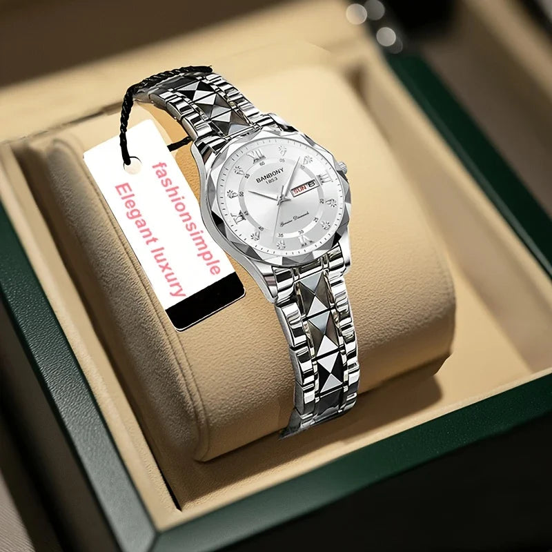 Roestvrij stalen dameshorloge met fonkelende steentjes