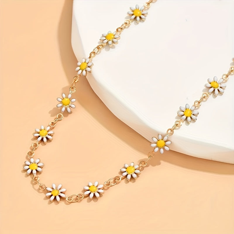 Handgemaakte 14K Vergulde Madeliefjes Choker – Verstelbare Boho Bloemenketting
