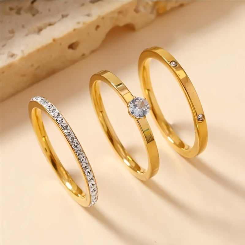 18K Goud Vergulde Elegante Ringenset met Strass en Kristallen – 3-Delige Set