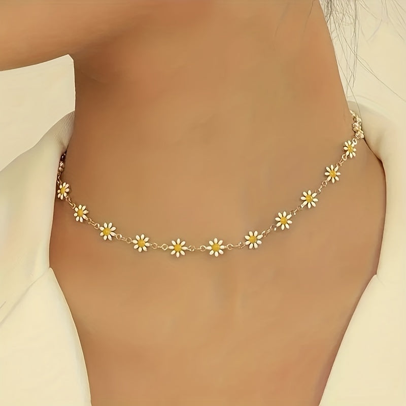 Handgemaakte 14K Vergulde Madeliefjes Choker – Verstelbare Boho Bloemenketting