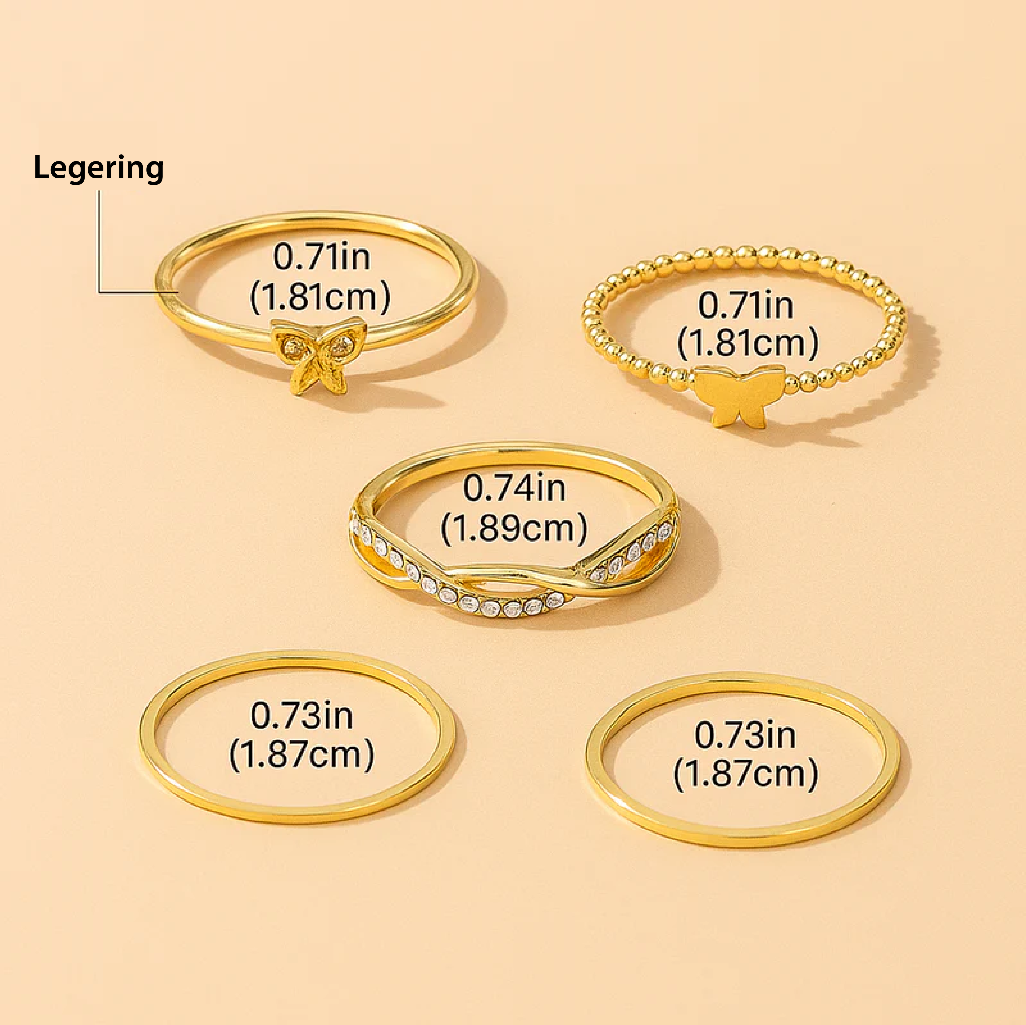 5-delige Elegante Ringenset in Goudtint – Vlinder-, Gedraaide & Strassontwerpen