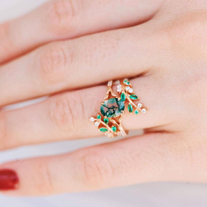 Groene vuur-opaal en mosagaat ring – Natuur geïnspireerd koppel-sieraad