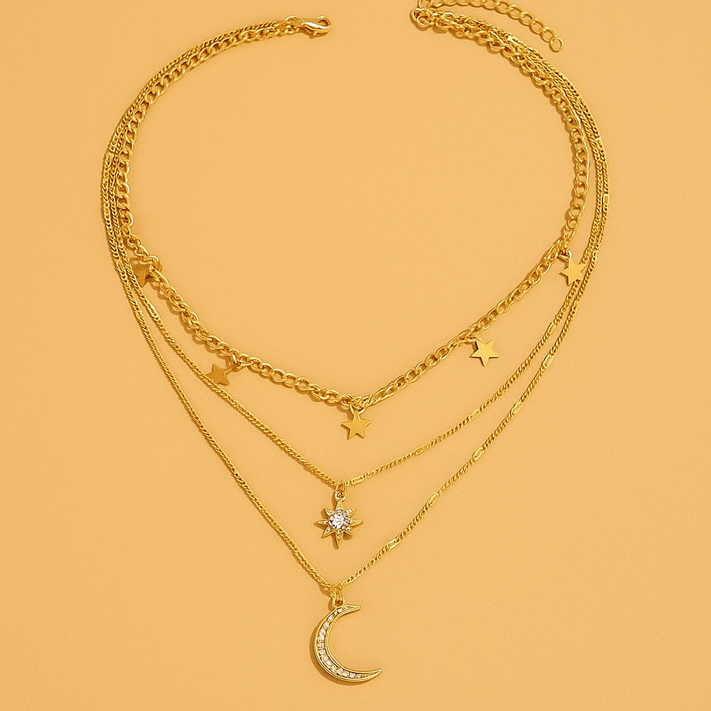 Elegante Boheemse Gelaagde Ster & Maan Hangerketting