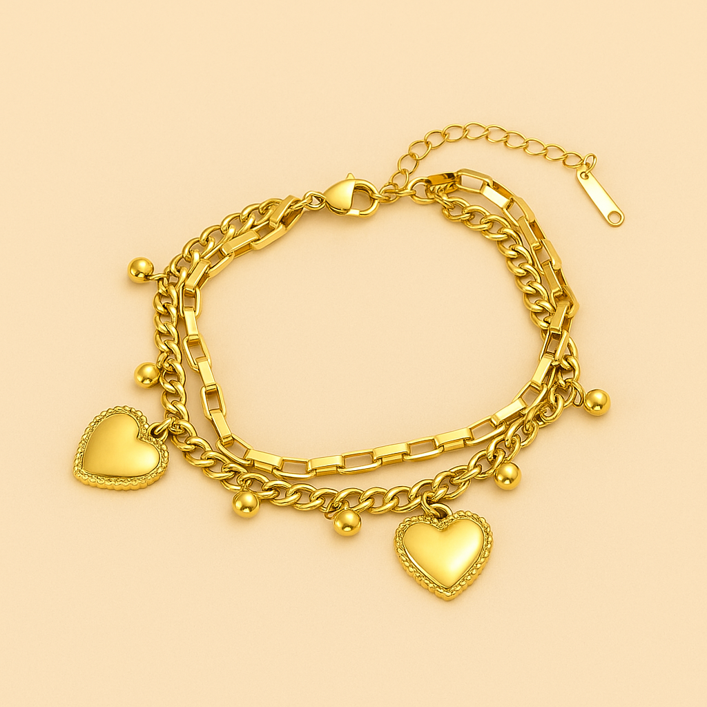 Gouden Dubbelgelaagde Armband met Liefdeshanger