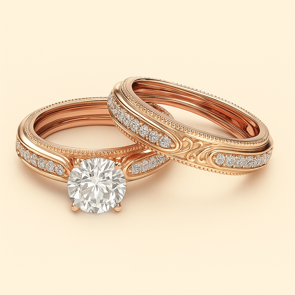 Elegante Roségouden Verlovingsringenset met Synthetische Diamanten