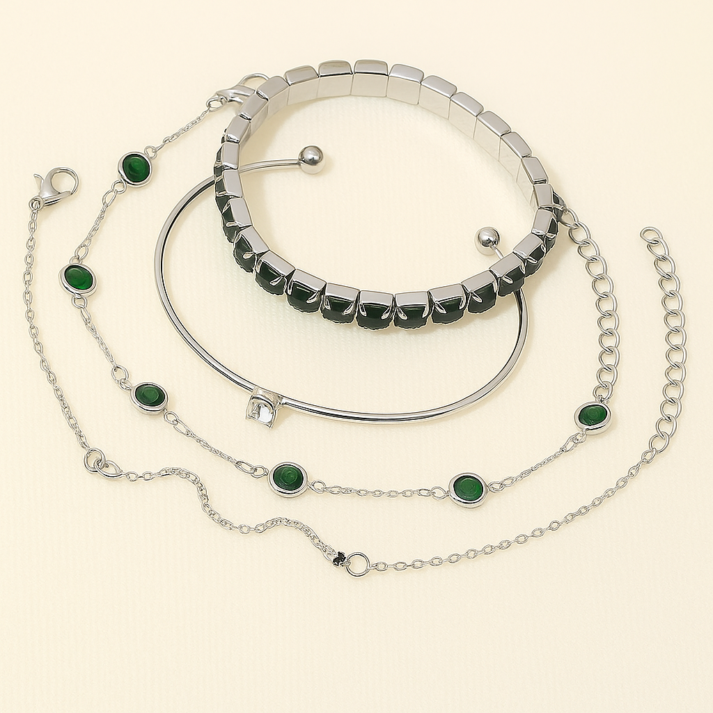 Elegante Groene Edelsteen- & Strass Slangeketting Armbandenset