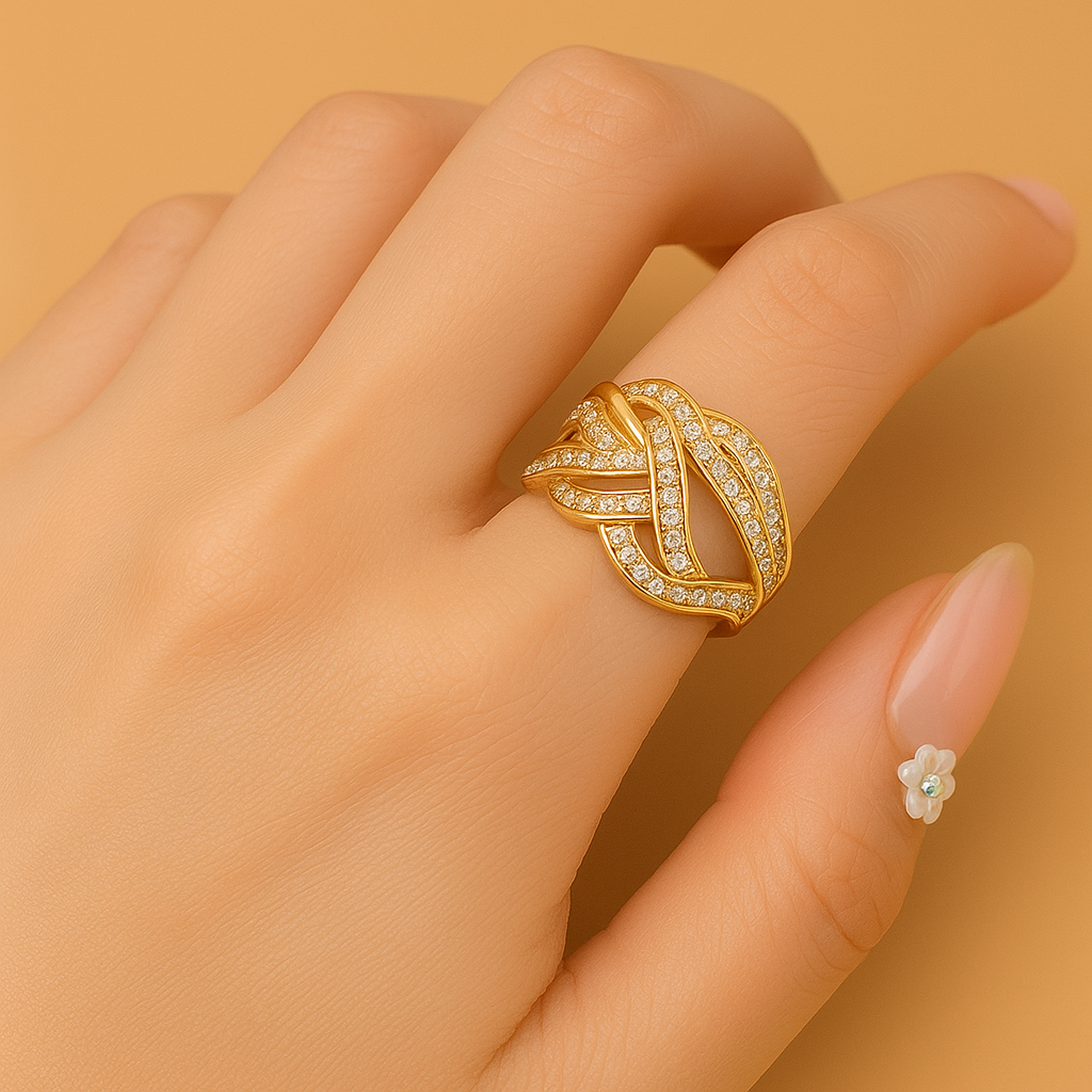 Verweven goud en micropavé zirkonia – Luxe brede bandring