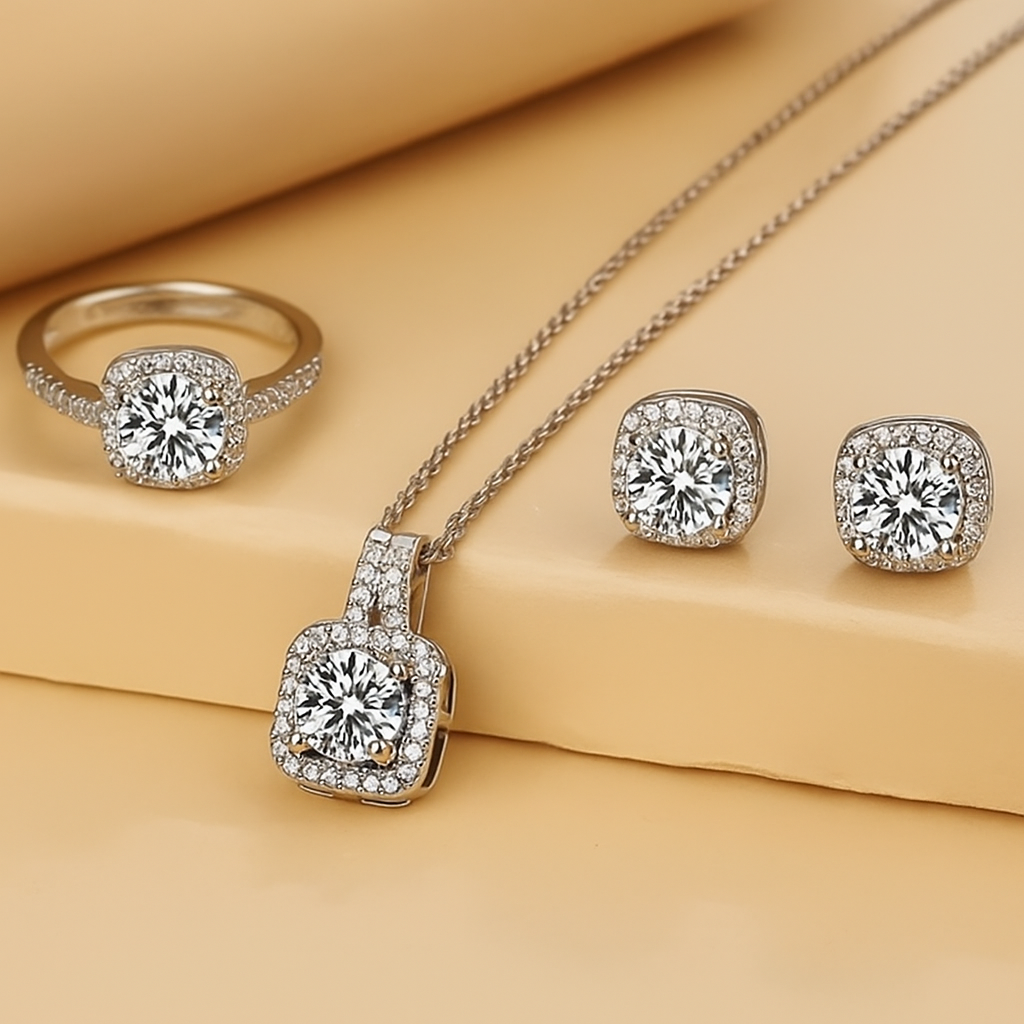 Elegante Zirkonia Cubus Sieradenset – Oorbellen, Hangerketting en Ring voor Dames