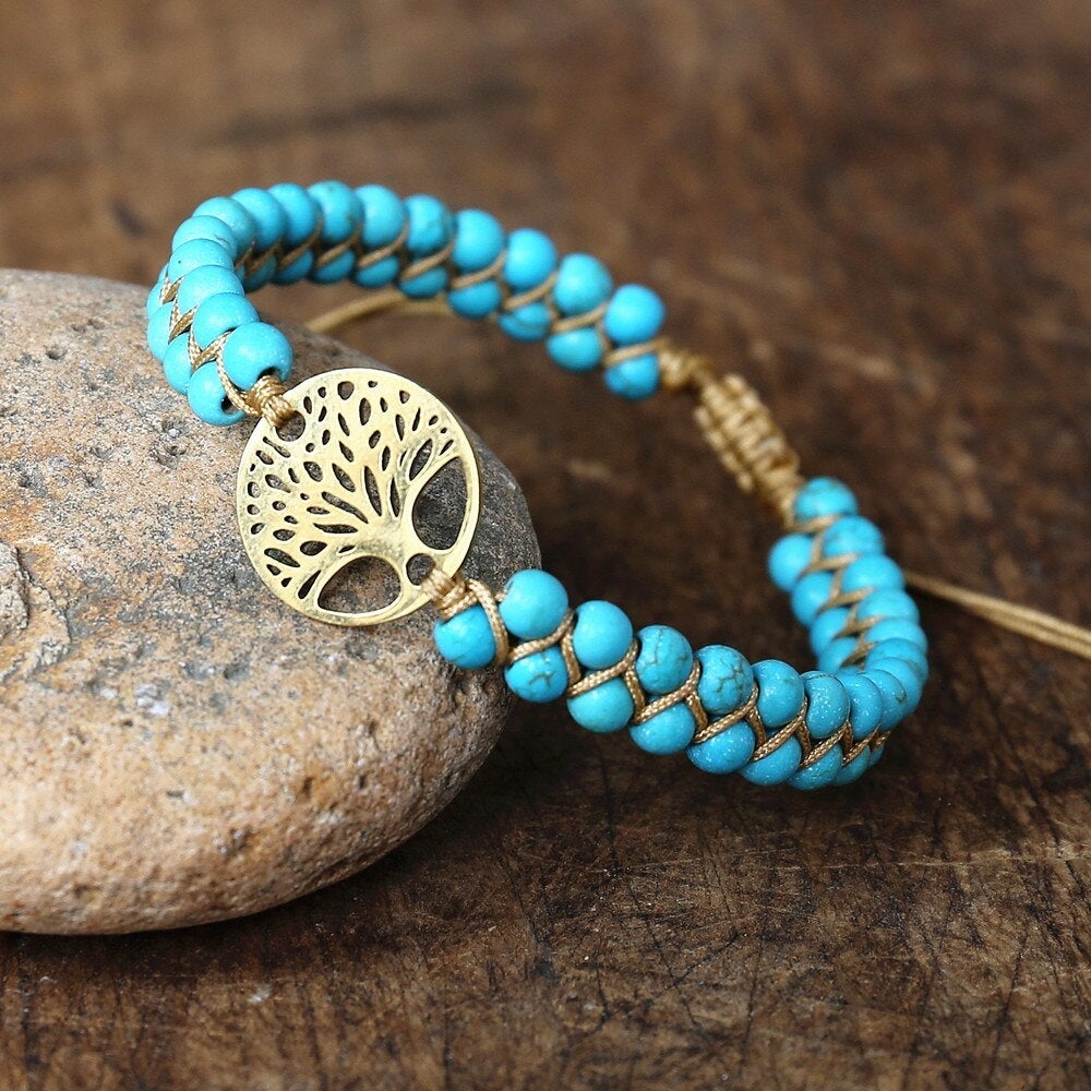 Armband met levensboom, handgemaakt en met turkooissteen
