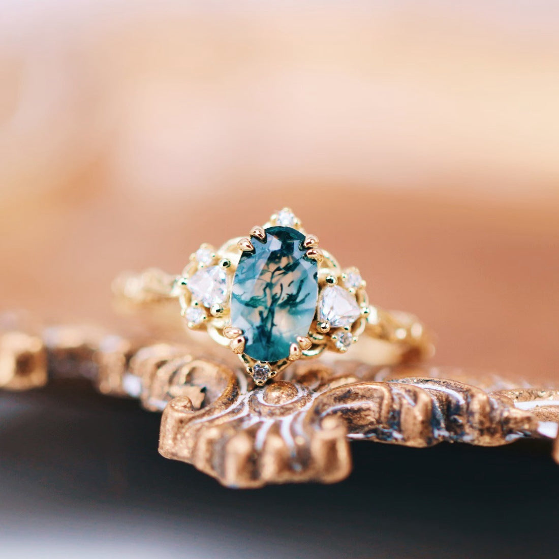 Groene mosagaatring in 14K geelgoud