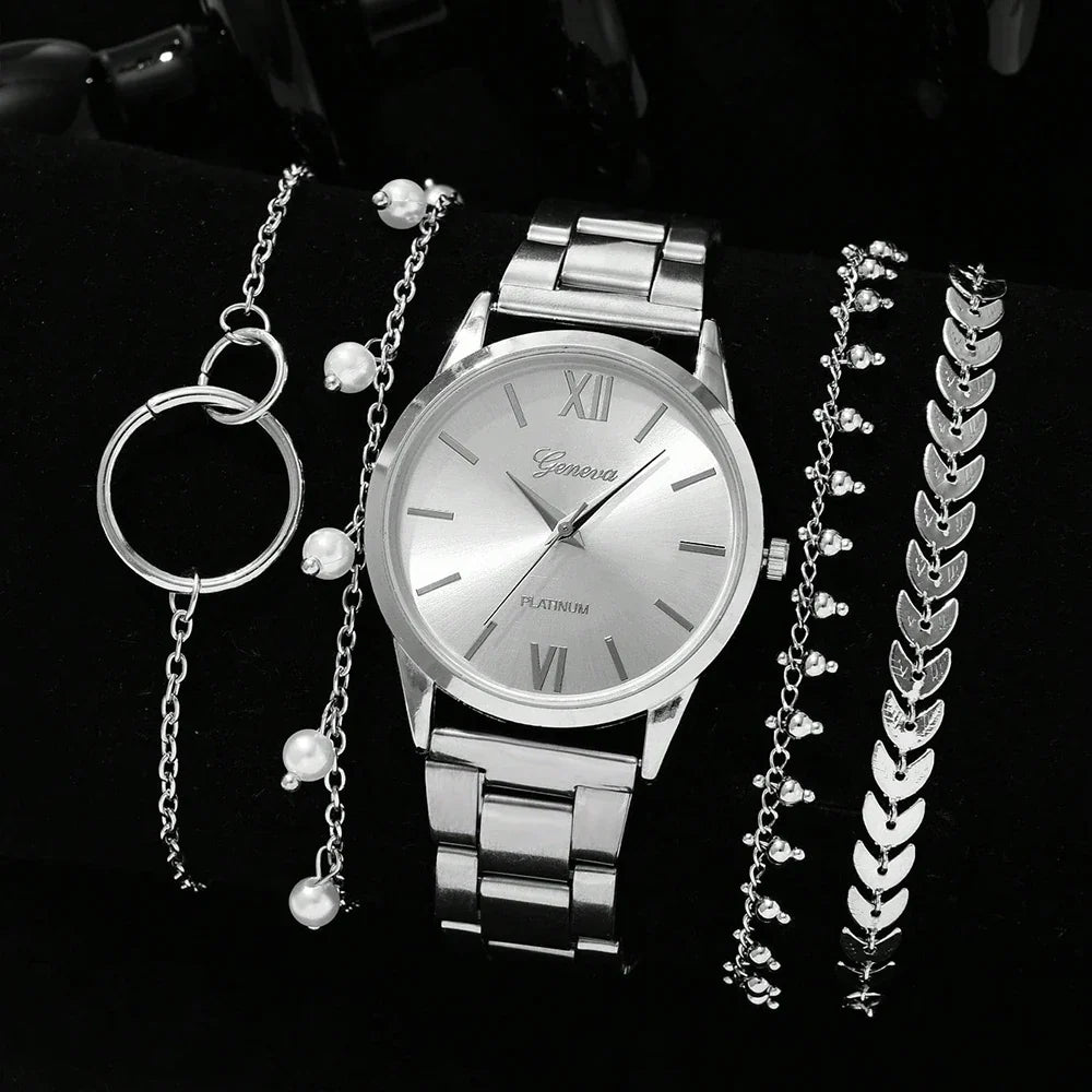 Elegant 5-delig Quartz horloge + sieraden voor dames