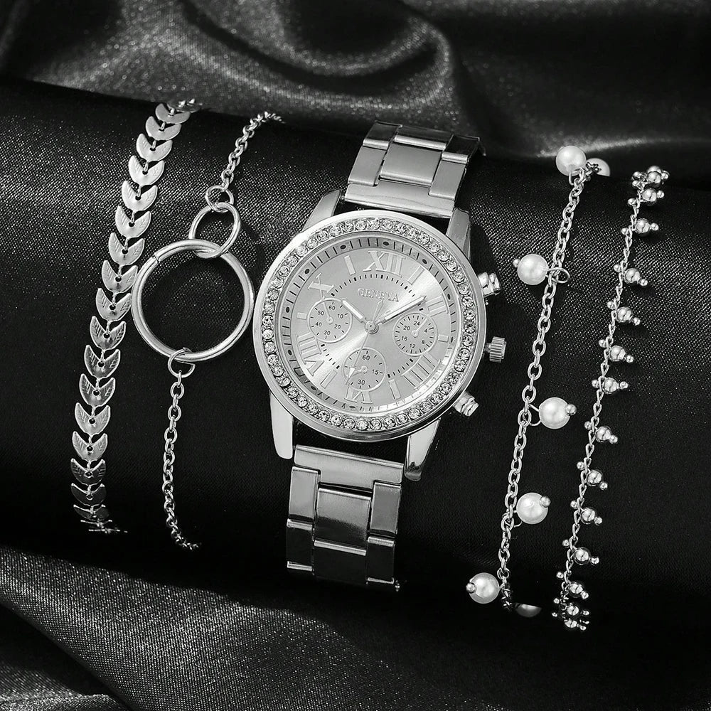 Elegant 5-delig Quartz horloge + sieraden voor dames