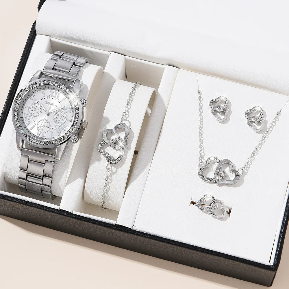Elegant 5-delig Quartz horloge + sieraden voor dames