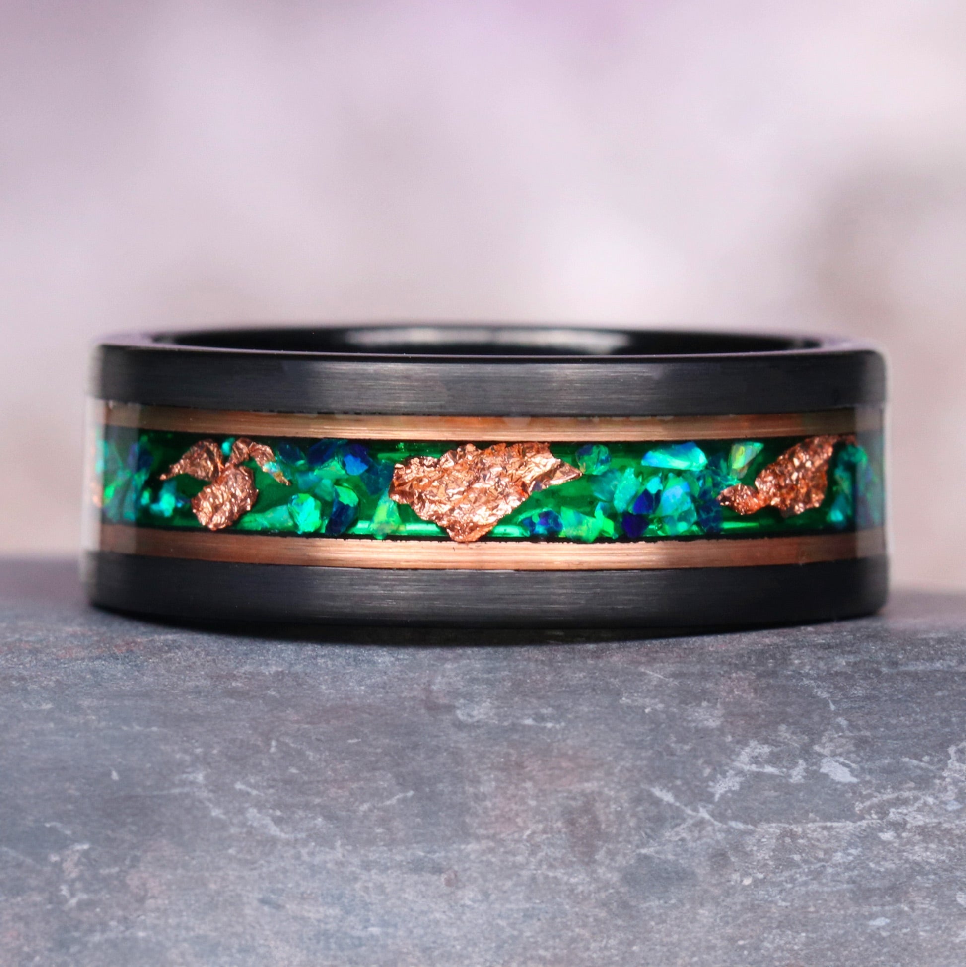 Groene vuur-opaal en mosagaat ring – Natuur geïnspireerd koppel-sieraad