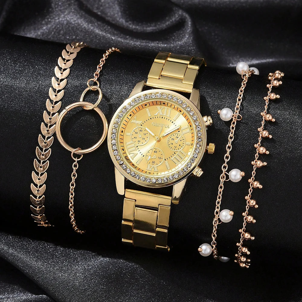 Elegant 5-delig Quartz horloge + sieraden voor dames