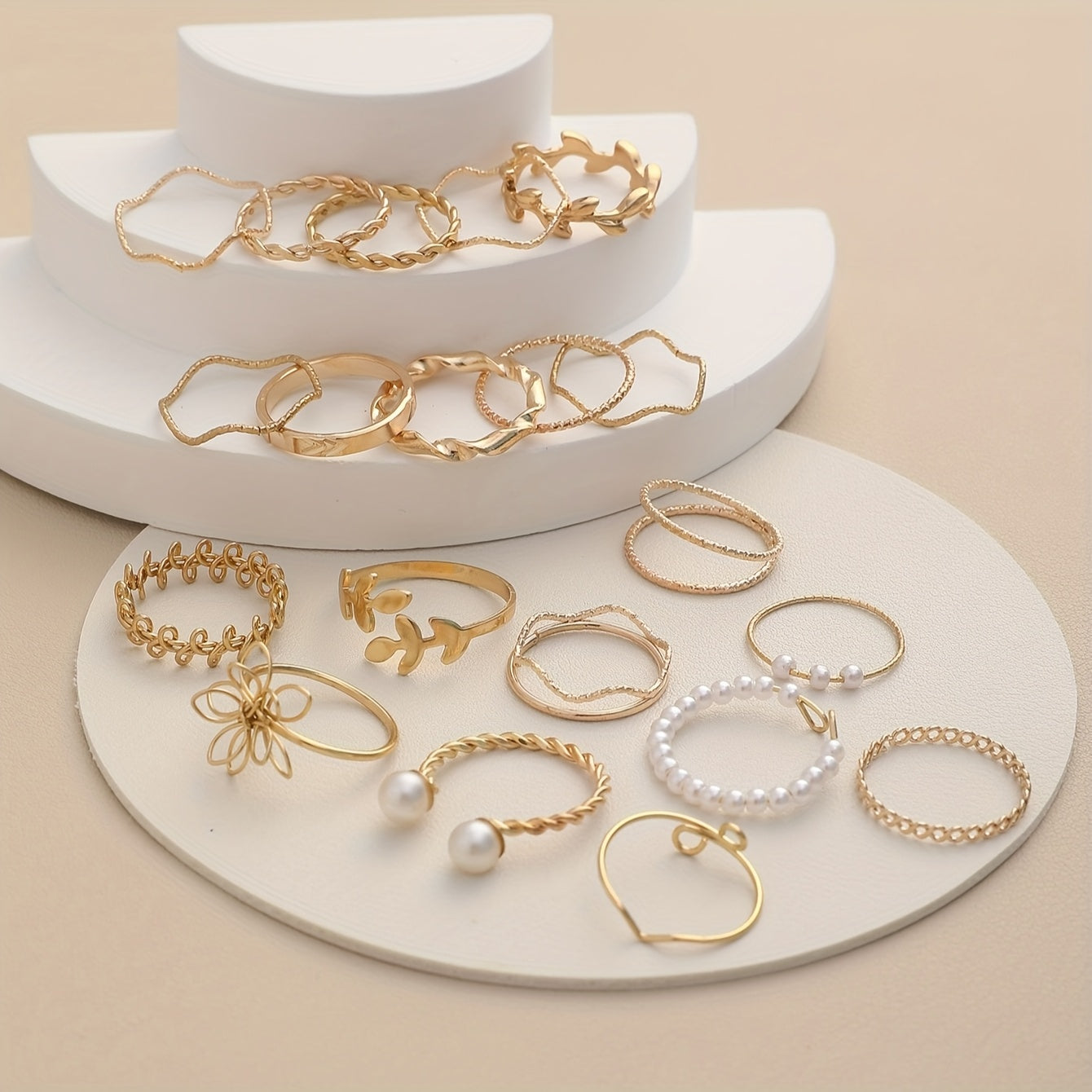 22-delige Modieuze Set Ringen met Blad, Bloem & Imitatieparel