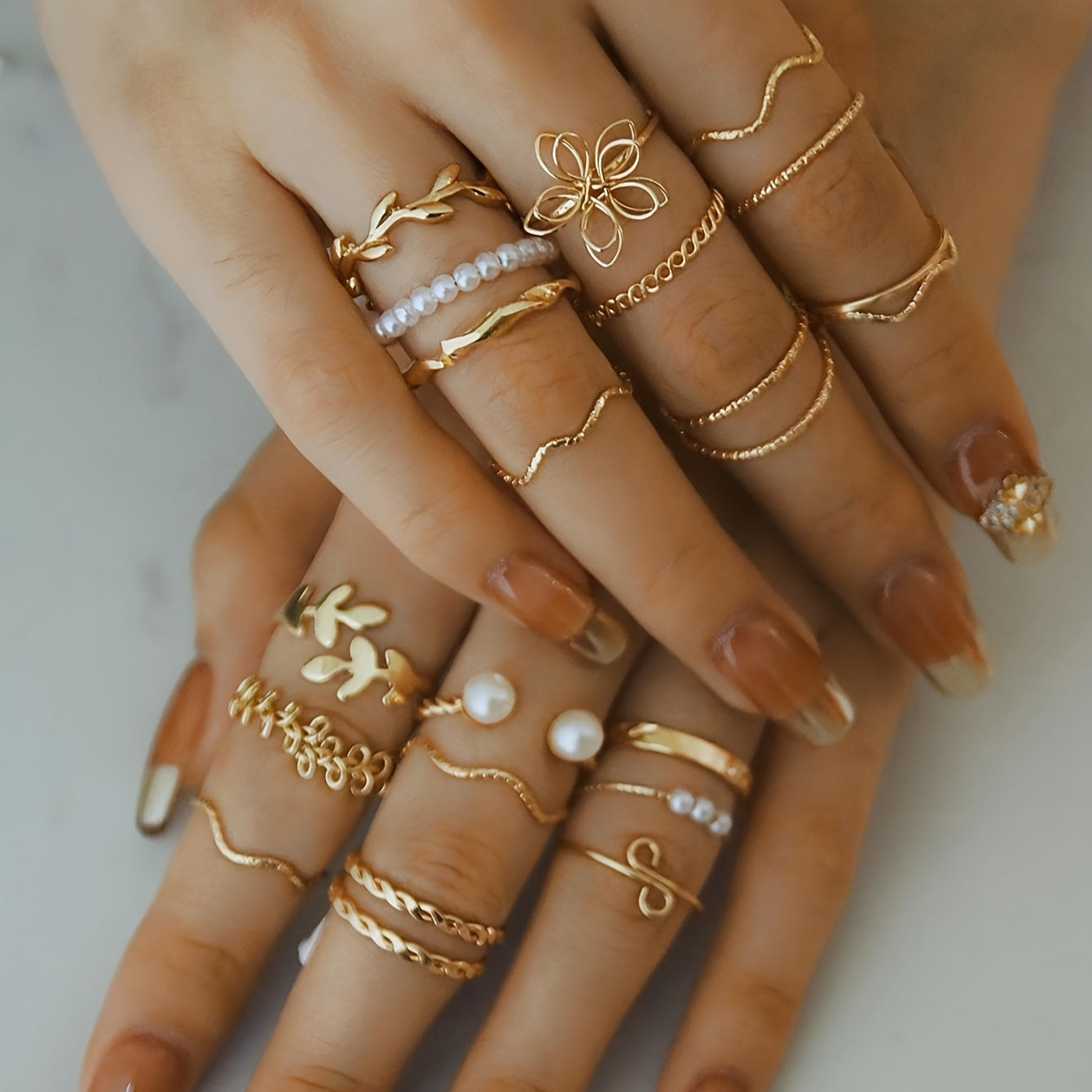 22-delige Modieuze Set Ringen met Blad, Bloem & Imitatieparel